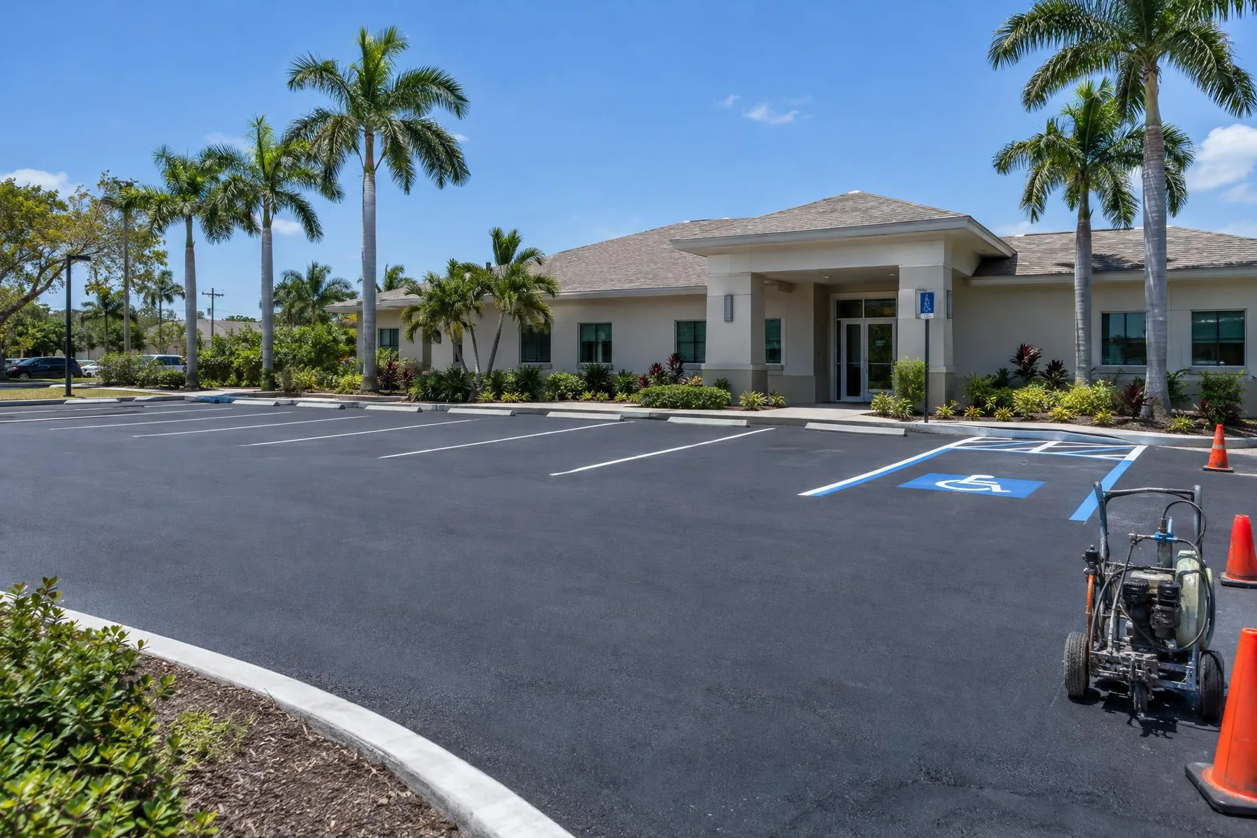 Freshly paved and striped office parking lot with white lines, an accessible space and a striping machine at the edge