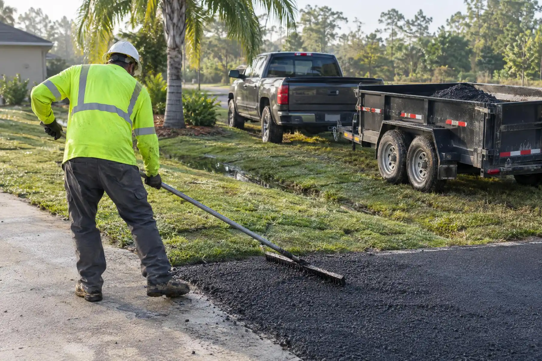 Worker raking fresh black asphalt at the edge of a driveway with a pickup and dump trailer parked on the grass